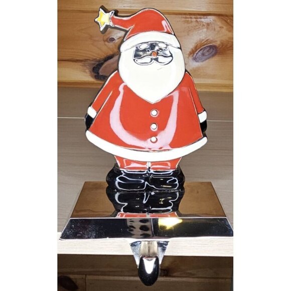 Metal Enamel SANTA CLAUS Christmas STOCKING HANGER Mantel Holder Hook Holiday - Picture 4 of 8